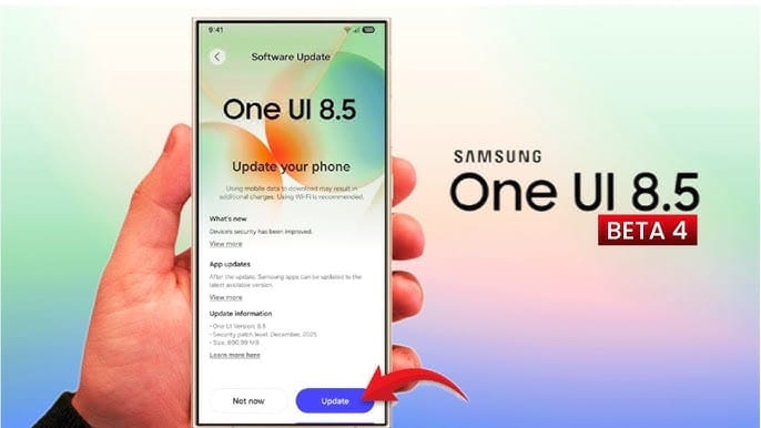 Mão segurando o telefone com a tela de atualização do One UI 8.5 Beta 4; a seta vermelha aponta para o botão Atualizar. O texto diz Samsung One UI 8.5 BETA 4.